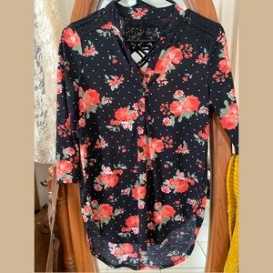 Quarter Sleeve, Black Tunic Shirt with Red Flowers